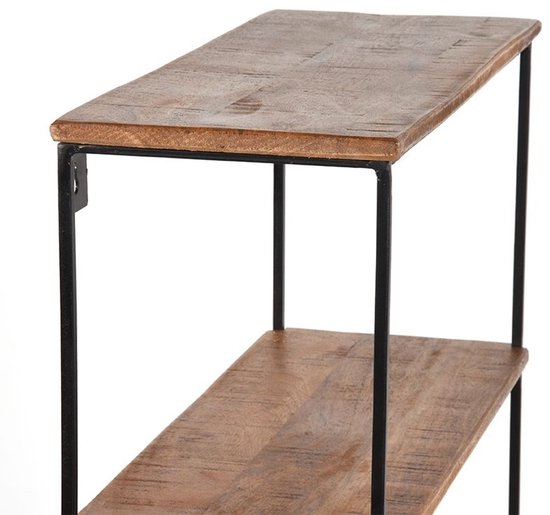 Drieplank wandrek van mangohout met zwarte metalen frame. Zicht op de planken en zijkant van het frame.