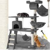 tectake Kattenkrabpaal | Krabpaal, Klimboom, 141 cm Hoog | Kattenhuis voor Binnen met Hangmat, Grot, Speeltouw en Trap | Pluche Sisal, Kattenkrabmeubel met Speelgoed, Extra Breed - Grijs