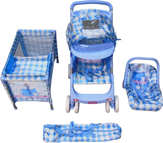 Poppenset - Buggy - Maxi-Cosi - Kinderbedje prinsessenplaatjes blauw - Verjaardagscadeau