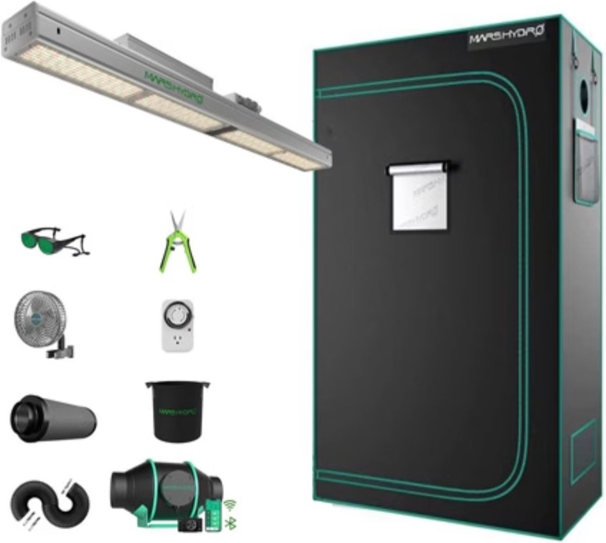 Kweektent compleet Mars Hydro SP 3000 + Smart iFresh Inline Fan - Inclusief Mars Hydro SP 3000 LED Kweeklamp Koolstoffilter - 4 Kweekzakken Ventilator en afzuigsysteem - 7,5 Meter Luchtslang - Digitale Hygrometer/Thermometer