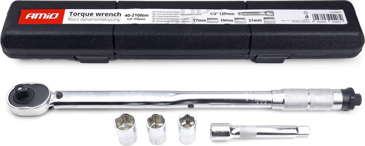 AMiO Momentsleutel 17/19/21 mm 40-210 Nm Wielmoersleutel Universeel met Koppelstuken en Koffer [Wielbout Sleutel - Gereedschap]