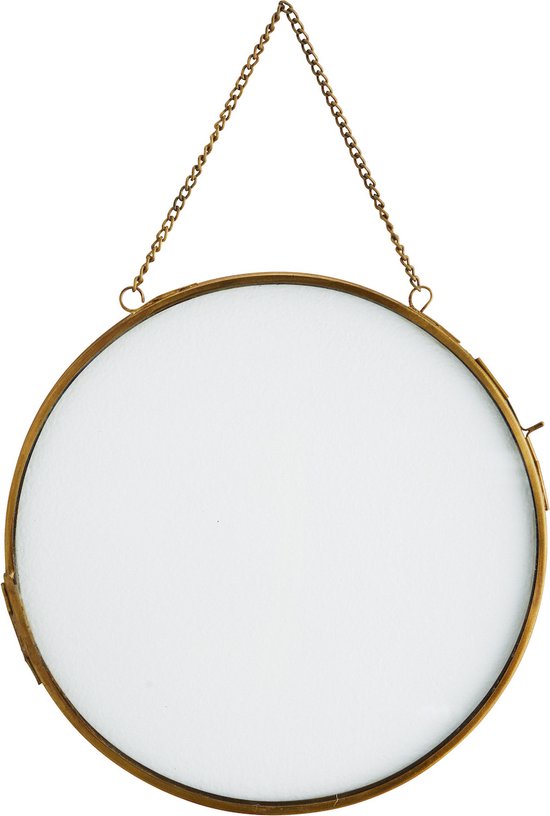 Ronde fotolijst in messing metaal met ophangketting.