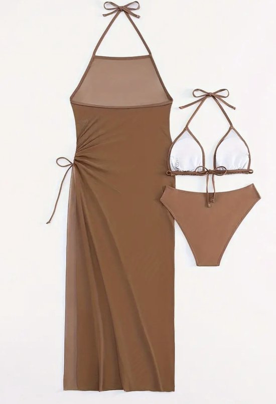 Bikini zacht bruin maat xl met cover jurk trekkoord