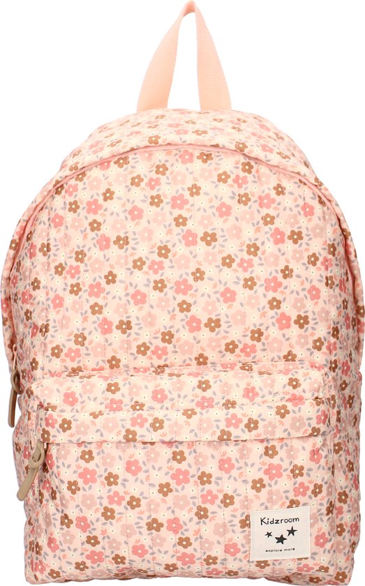 Roze rugzak met een all-over bloemenprint, met een Kidzroom label aan de voorkant.