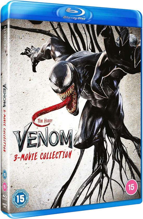 La collection de 3 films Venom en Blu-ray, avec Venom tendant les bras vers l'avant, la langue tirée.