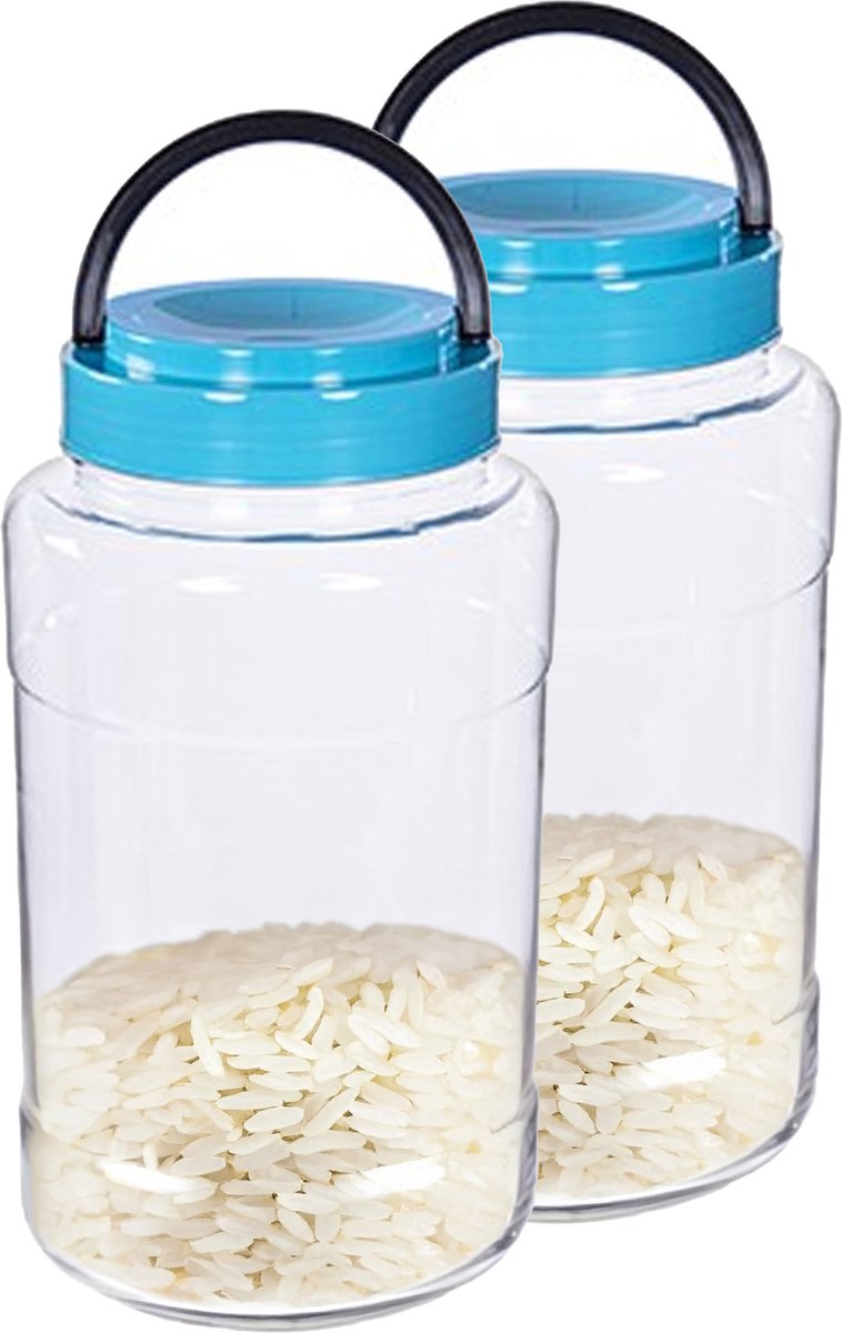 CM Voedsel opslag container - 2x - kunststof - 4 liter - afsluitdop en draag hengsel - transparant/blauw - voorraadpot