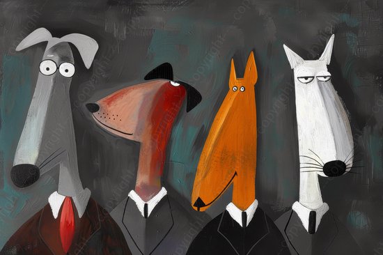 K&C Art (Canvas schilderij) 120x80cm | Grappige honden in pak - dier - abstract - zwart - bruin - wit - grijs - modern - kunst | Woonkamer - slaapkamer - hal - kantoor | Foto schilderij print op canvas - wanddecoratie - muurdecoratie - wall art
