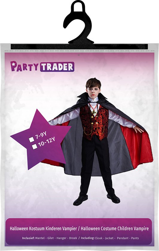 Verpakking met een jongen in vampierkostuum (7-9Y/10-12Y), inclusief mantel, gilet, broek en hanger.