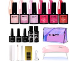 SHATY® BIAB Starter Pakket – 6-delige Red & Purple BIAB Set – Inclusief Builder in a Bottle Gelnagellak, UV/LED Nagellamp, Remover & Instructievideo (NL)