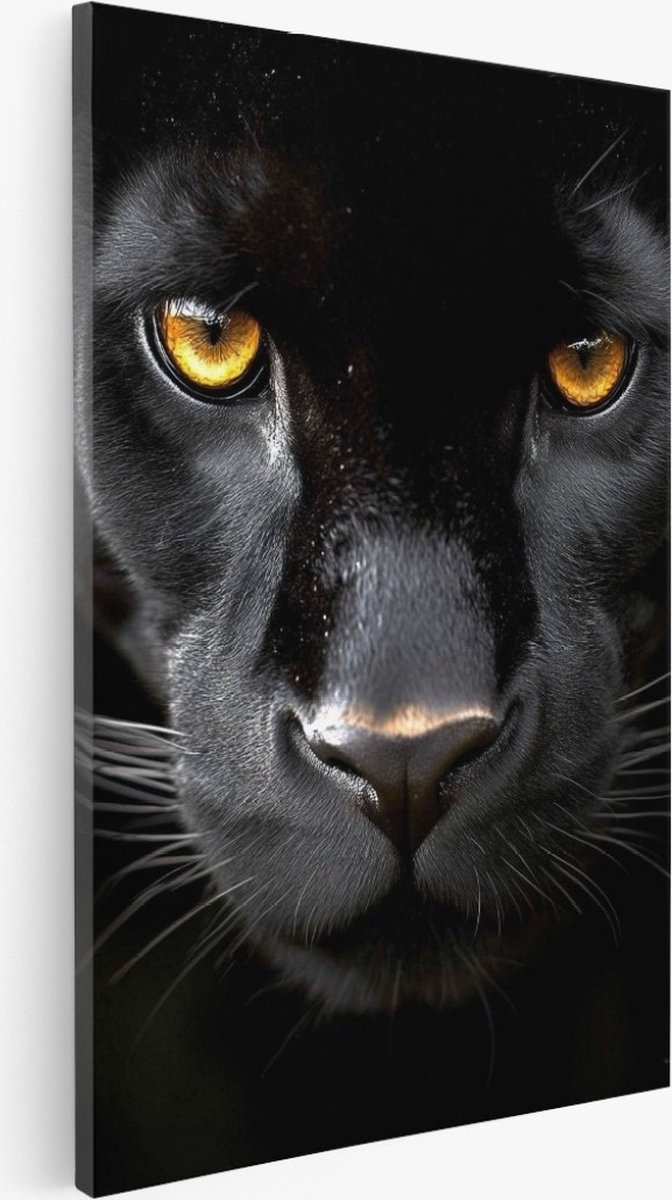 Saammp Canvas Schilderij - Zwarte Panter met oranje ogen - Dieren - Natuur - 75x100 - Foto op canvas - Wanddecoratie - Muurdecoratie Woonkamer - Slaapkamer decoratie - Canvas Print Multicolor