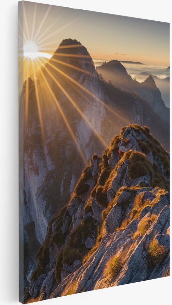 Saammp Canvas Schilderij -Bergtoppen met zonsopgang - Landschap - Natuur - 40x50 - Foto op canvas - Wanddecoratie - Muurdecoratie Woonkamer - Slaapkamer decoratie - Canvas Print Multicolor