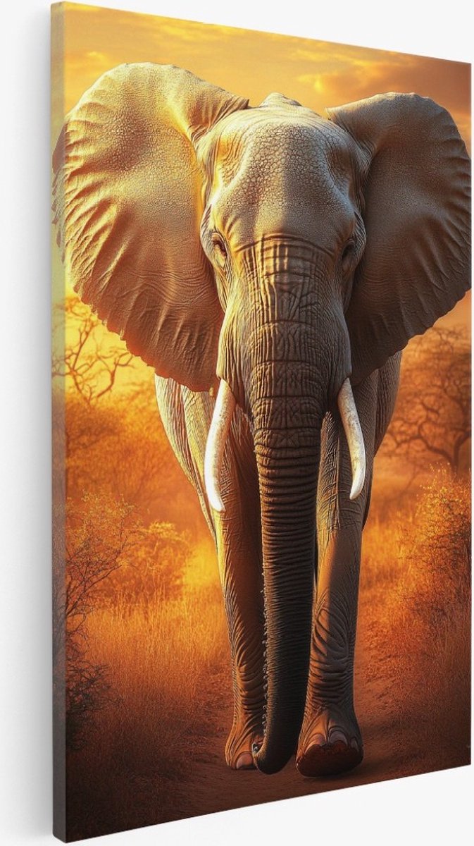 Saammp Canvas Schilderij - Olifant - Zonsondergang - Afrika - Natuur - Dieren - 40x50 - Foto op canvas - Wanddecoratie - Muurdecoratie Woonkamer - Slaapkamer decoratie - Canvas Print Multicolor