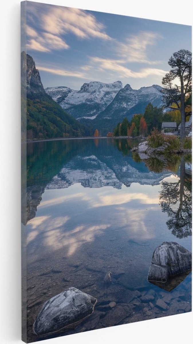 Saammp Canvas Schilderij - Groot meer tussen de bergen - Rotsen - Bloemen - Landschap - Natuur - 60x90 - Foto op canvas - Wanddecoratie - Muurdecoratie Woonkamer - Slaapkamer decoratie - Canvas Print Multicolor