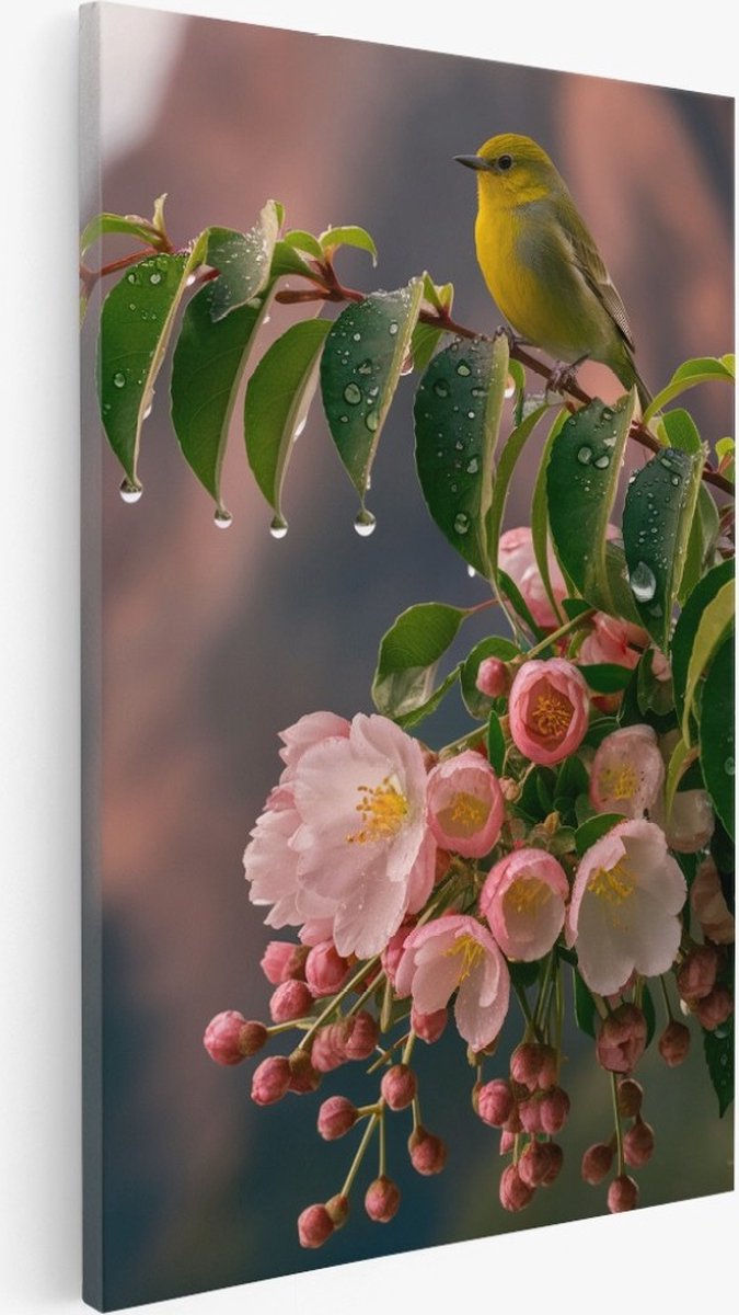 Saammp Canvas Schilderij - Kolibrie op tak met roze bloesem - Natuur - Bloemen - 40x60 - Foto op canvas - Wanddecoratie - Muurdecoratie Woonkamer - Kantoor Decoratie Multicolor