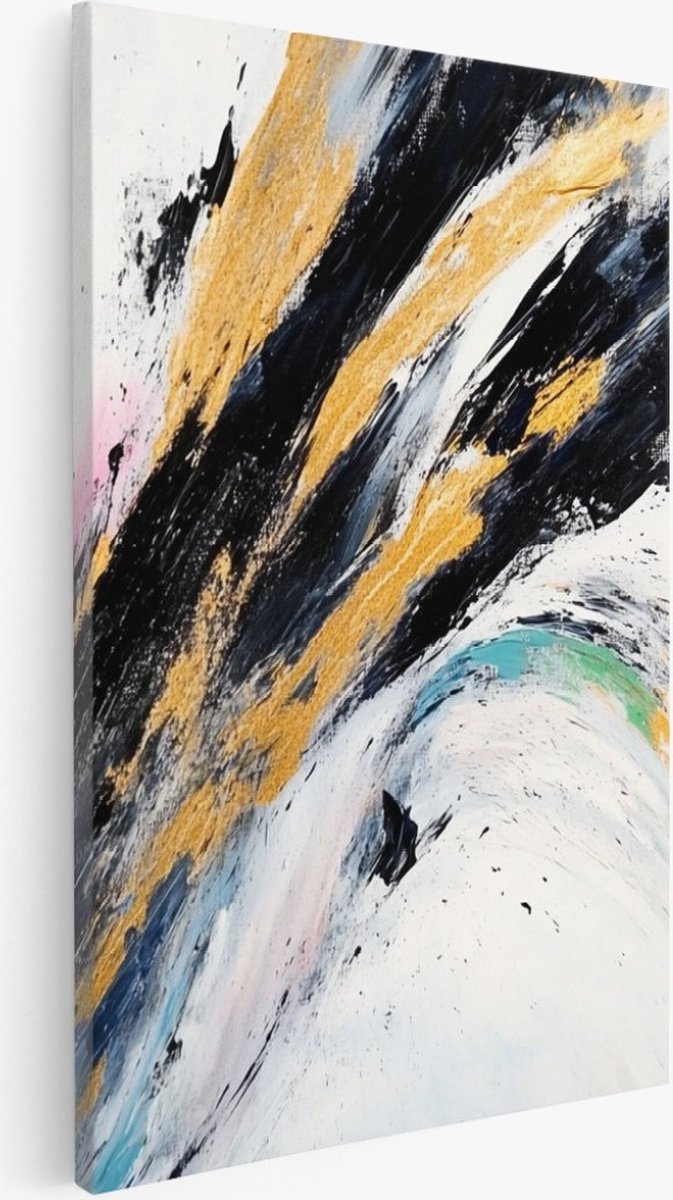 Saammp Canvas Schilderij - Wit - Penseelvegen - Goud - Abstract - 60x90 - Foto op canvas - Wanddecoratie - Muurdecoratie Woonkamer - Kantoor Decoratie Multicolor