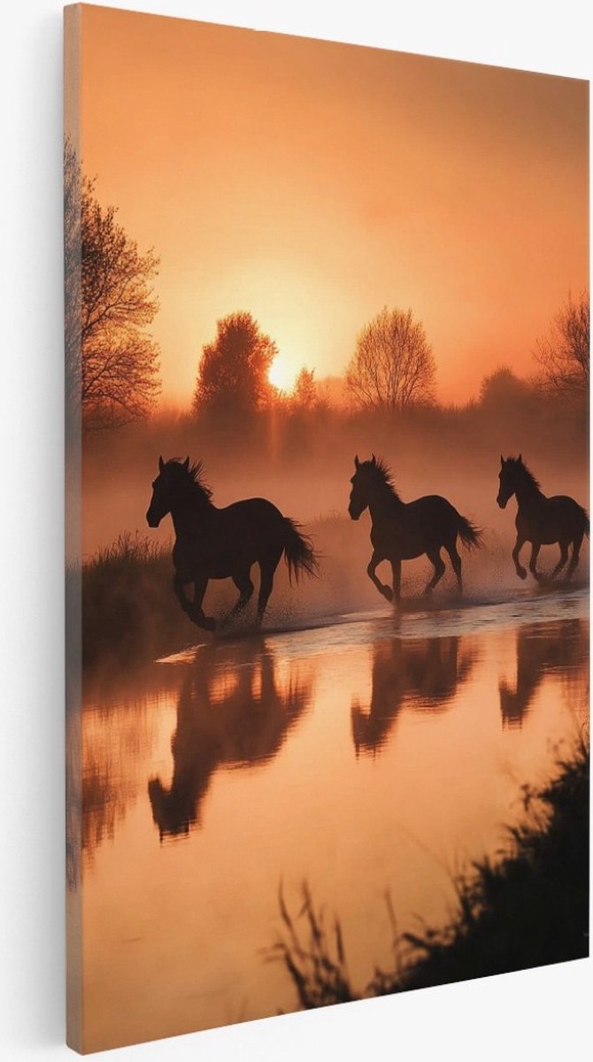Saammp Canvas Schilderij - 3 Paarden in de zonsondergang - Dieren - Natuur - 80x120 - Foto op canvas - Wanddecoratie - Muurdecoratie Woonkamer - Slaapkamer decoratie - Canvas Print Multicolor