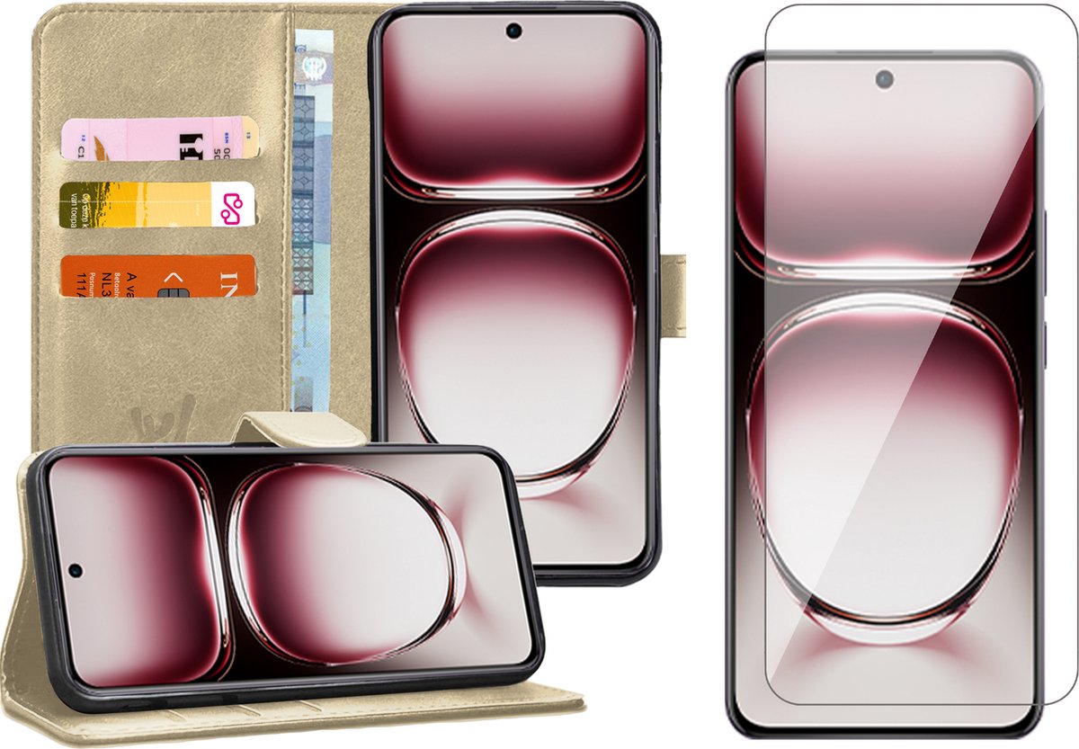 Hoesje geschikt voor Oppo Reno 12 Pro - Screenprotector Glas - Portemonnee Book Case Goud