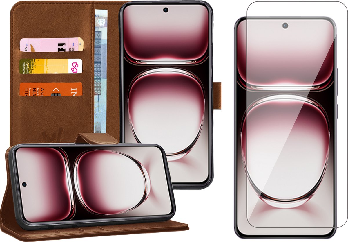 Hoesje geschikt voor Oppo Reno 12 Pro - Screenprotector Glas - Portemonnee Book Case Bruin