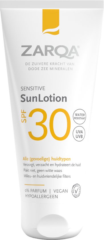 ZARQA Sensitive SunLotion SPF 30 tube, 50ml. Waterbestendig, UVA/UVB bescherming. Hypoallergeen.