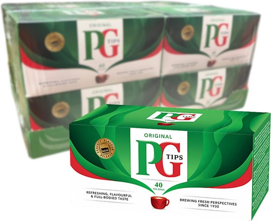 Un pack de 40 sachets de thé PG Tips Original dans des boîtes vertes et rouges.