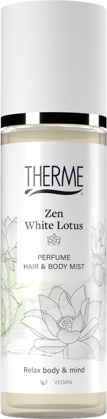 THERME Zen White Lotus Parfum Haar &amp; Body Mist 200ml. Fles met witte lotus illustraties, 'Relax body &amp; mind' en 'VEGAN'.