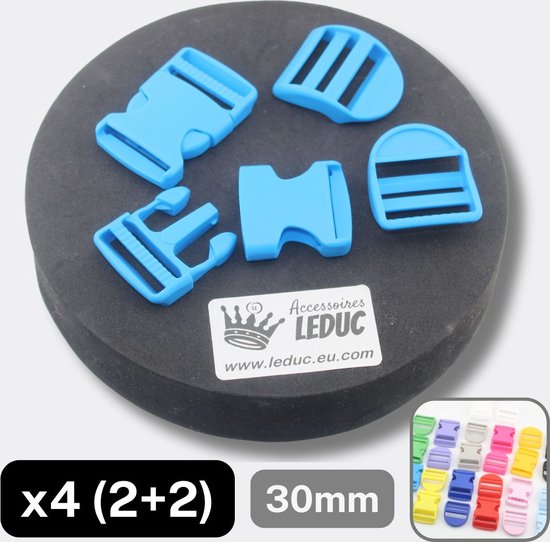 LOT DE 4 BOUCLES EN NYLON (2 BOUCLES À CLIQUER + 2 BOUCLES À COULISSE) Taille intérieure 25MM, Couleur BLEU B02