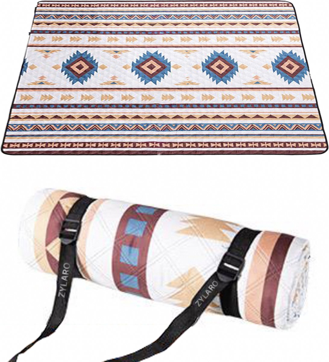 ZYLARO picknickdeken, 200x200cm, dubbelzijdig waterdicht, machinewasbaar, draagbare stranddeken zandvrij, voor camping, park, tuin, strand, picknick, wandelen, barbecue, boho-patroon