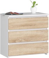 Table de chevet 60 cm Wit/ Chêne Sonoma, 3 tiroirs, chant ABS, à monter soi-même, corps Witte mat et façade bicolore