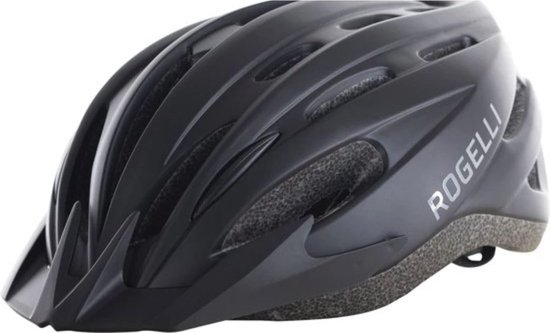 Casque de vélo Rogelli noir avec visière et aérations, sur fond blanc.