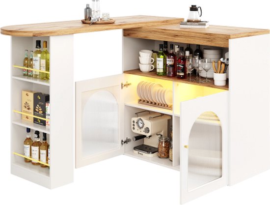 Gotagee Table de bar extensible Table à manger avec espace de rangement Table de bar rotative Table de bistro Table à manger Avec LED (couleur de la lumière réglable) Wit