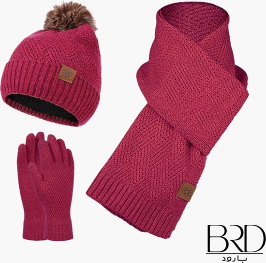 BRD® Hiver | Ensemble d'hiver pour adultes Rouge | Bonnet doublé avec pompon, écharpe et gants