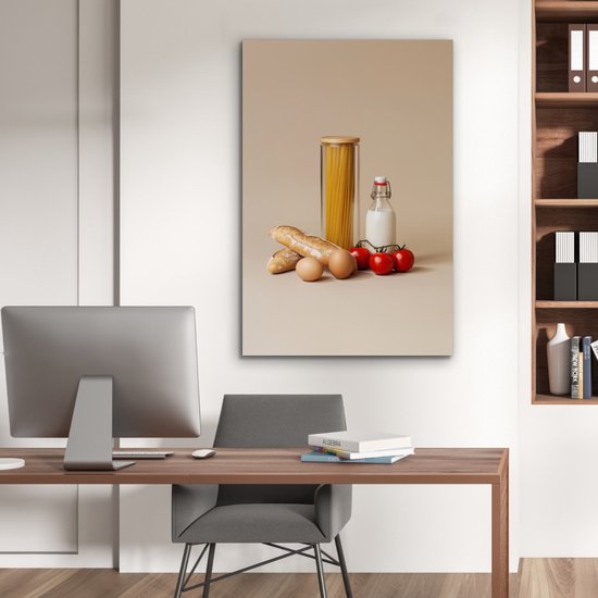 Aluminium schilderij 60x90 cm - Wanddecoratie metaal - Spaghetti - Melk - Tomaten - Eieren - Brood - Metalen muurdecoratie woonkamer - Decoratie industrieel - Foto op dibond - Industriële accessoires slaapkamer