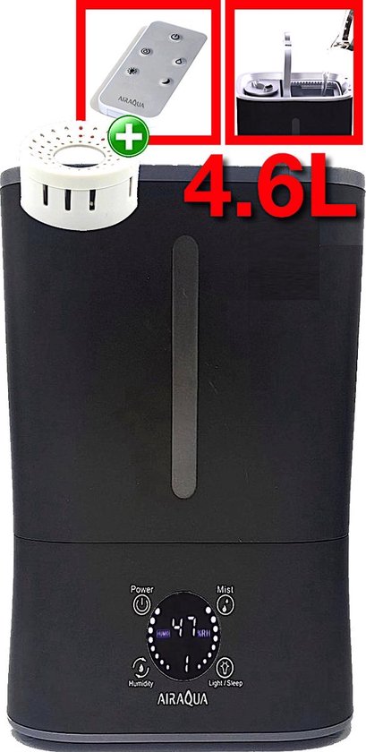 Luchtbevochtiger (4.6L) type AirAqua ALPHA II (Zwart) | Topfill - Hygrostraat - Ionisator - Timer - Afstandsbediening - Filters inclusief.