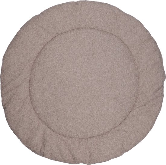 Rond boxkleed in de kleur nougat, met teddy-stof en een cirkelvormige stiksels.