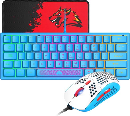 StayPowered Compact Gaming Keyboard & Mouse Set - Mechanische Feel en RGB Verlichting - 60% QWERTY Layout - Ultralichte Honeycomb Muis - 12000 DPI - Ergonomisch Ontwerp - Anti-Ghosting Toetsen - Blauw - Levering Sneller dan Aangegeven!