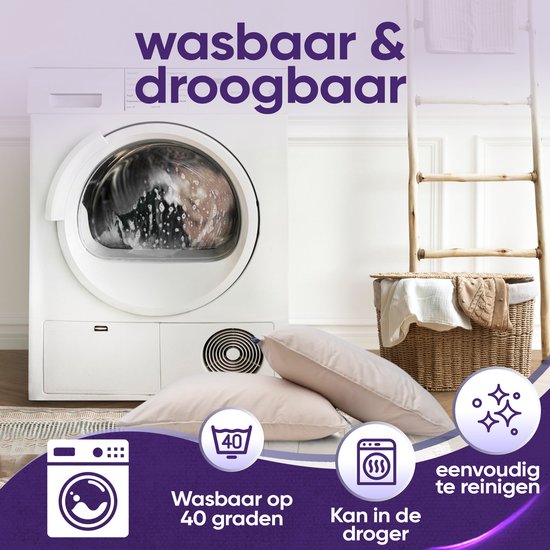 Een wasmachine en droger met kussens. Iconen voor wasbaar op 40 graden, drogerbestendig en makkelijk schoon te maken.