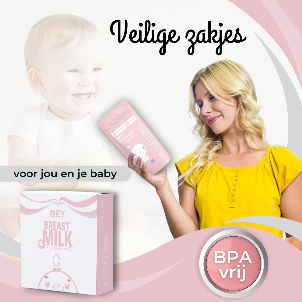 QEY® 120 Stuks Moedermelk Bewaarzakjes – Lekvrij, BPA-vrij & Steriel – Stevig & Plat Ontwerp – Handig Schrijfvlak – Bewaarzakjes voor Borstvoeding – Geschikt voor Vriezer & Koelkast - Roze — afbeelding 3