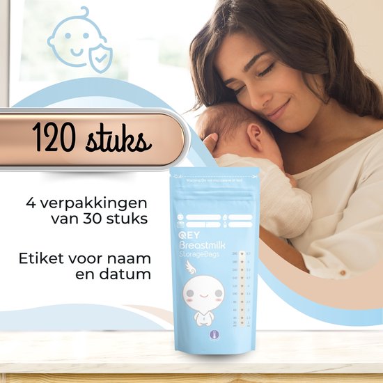 120 Stuks - Moedermelk Bewaarzakjes - Borstvoeding zakjes - Koelkast en Vriezer - QEY (BPA Vrij)