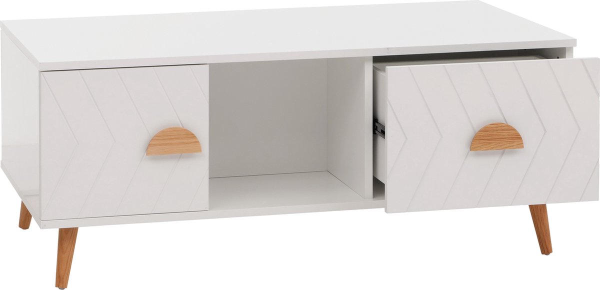 MCW Salontafel MCW-N89, bijzettafel sofatafel, laden deuren vakken visgraatmotief melamine hout, 42x103x60cm ~ wit