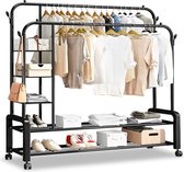 Eleganca Kledingrek XXL - Extra groot kledingrek op wielen - B150 x H162 x D50 cm - Garderoberek dubbel met haken en planken - Grote Kledingrekken - Metaal - Zwart