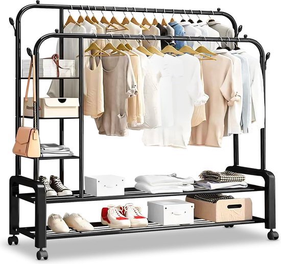 Eleganca Kledingrek XXL - Extra groot kledingrek op wielen - B150 x H162 x D50 cm - Garderoberek dubbel met haken en planken - Grote Kledingrekken - Metaal - Zwart