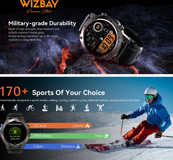 Collage: smartwatch met militaire duurzaamheid, sportmodi en hartslagmonitoring. Een skiër op een besneeuwde berg.