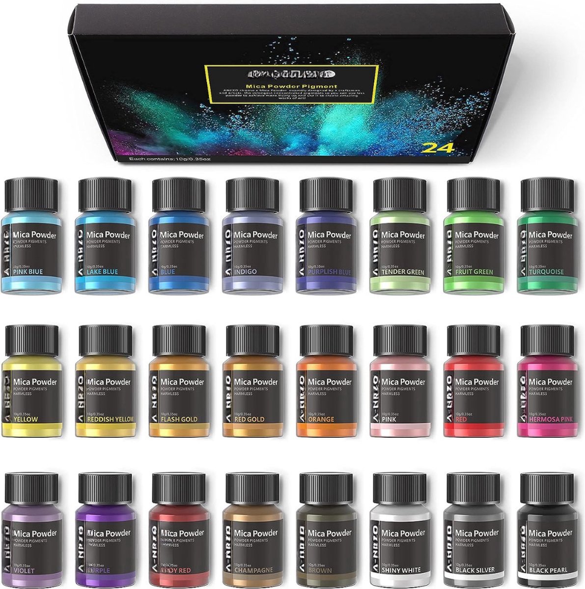 Mica poeder epoxyhars, 20 kleuren x 10 g parelglans, natuurlijk cosmetisch pigment met bladgoud, geschikt voor zeepverf, nagellak, make-up, epoxyhars, kaarsen, badbom, slijm