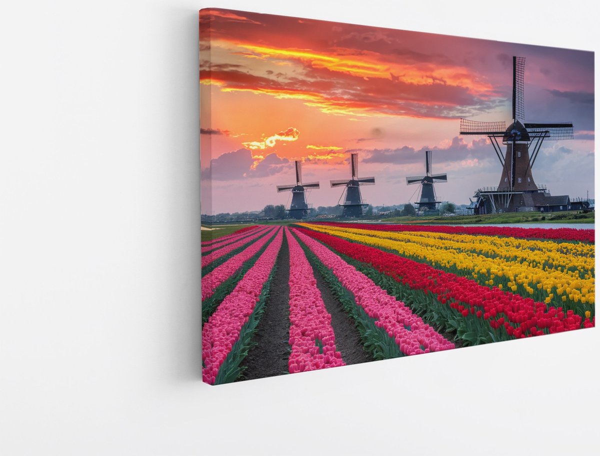 Saammp Canvas Schilderij - Kleurrijk Tulpenveld Met Molens - Natuur - Landschap - 100x75 - Foto op canvas - Wanddecoratie - Muurdecoratie Woonkamer - Slaapkamer decoratie - Canvas Print Multicolor