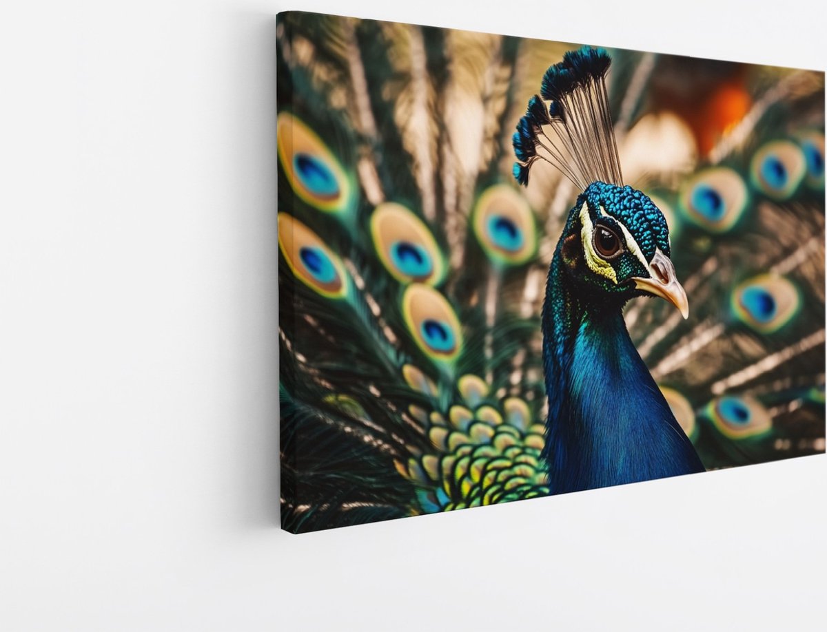 Saammp Canvas Schilderij - Pauw close-up - Bloemen - Dieren - Natuur - 45x30 - Foto op canvas - Wanddecoratie - muurdecoratie Woonkamer - Slaapkamer decoratie - Canvas Print Multicolor