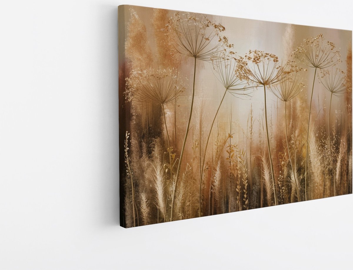 Saammp Canvas Schilderij - Abstracte Planten - Naturel en Goudtinten - 70x50 - Foto op canvas - Wanddecoratie - Muurdecoratie Woonkamer - Kantoor Decoratie Multicolor