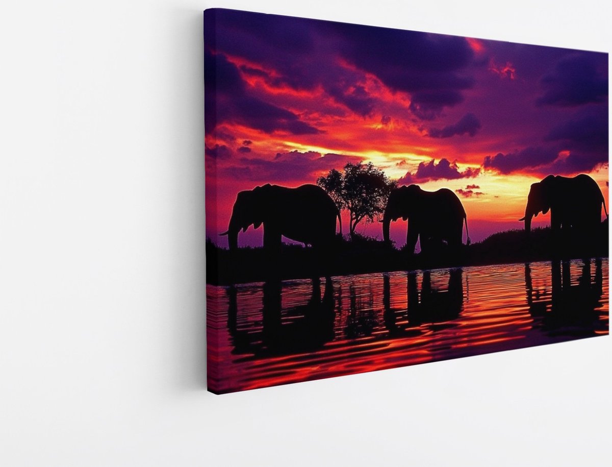 Saammp Canvas Schilderij - Familie Olifanten silhouet - Afrika - Dieren - 120x80 - Foto op canvas - Wanddecoratie - muurdecoratie Woonkamer - Slaapkamer decoratie - Canvas Print Multicolor