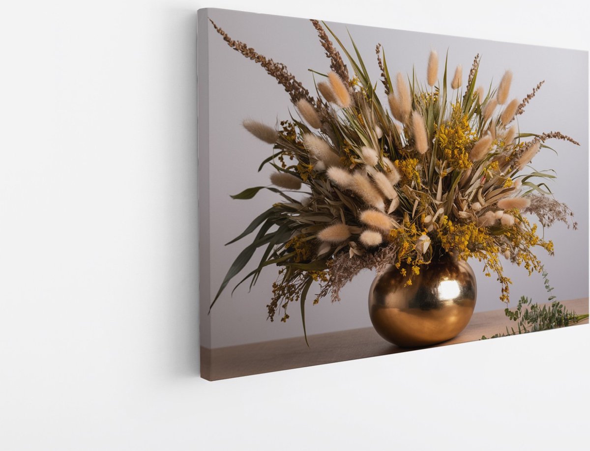 Saammp Canvas Schilderij - Gedroogde Bloemen in goude vaas - Natuur - Abstract - 100x75 - Foto op canvas - Wanddecoratie - Muurdecoratie Woonkamer - Kantoor Decoratie Multicolor