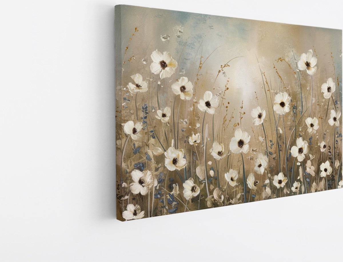 Saammp Canvas Schilderij - Abstracte Witte Bloemen - Natuur - 120x80 - Foto op canvas - Wanddecoratie - Muurdecoratie Woonkamer - Kantoor Decoratie Multicolor