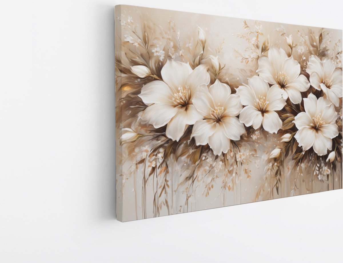 Saammp Canvas Schilderij - Witte Bloemen - Beige - Abstract - 60x40 - Foto op canvas - Wanddecoratie - Muurdecoratie Woonkamer - Kantoor Decoratie Multicolor